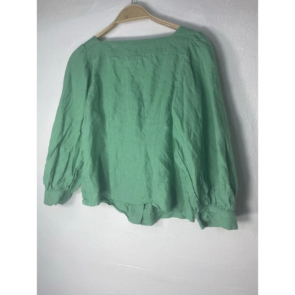 J.CREW Women's 100% Linen Blouse Top Green Mint Puff Sleeve Button Front S